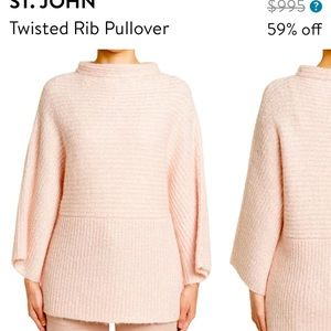 NWT $995 ST. JOHN Twisted Rib Pullover,Shell/Silver, Size Large
